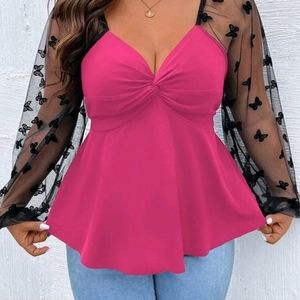 Plus Contrast Mesh Twist Front Peplum Top Size 1XL